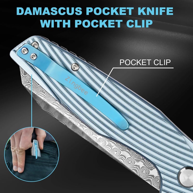 Zingbee Damascus Pocket Knife 3.46" Damascus Steel Blade EDC Pocket Knives & Folding Knives for Men Women Blue Non-Slip Handle - Image 4